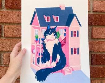 Dollhouse Cat Colorful Gouache Giclee Art Print Room Decor