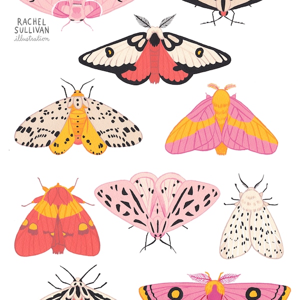 Moth Party Colorful Gouache Giclee Art Print Room Decor