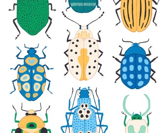 Beetles Colorful Gouache Giclee Art Print Room Decor
