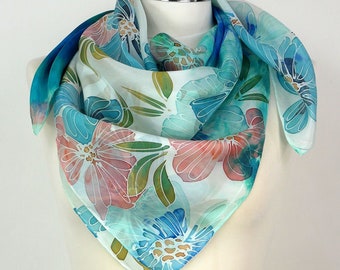 Green blue silk scarf square Emerald Flowers Hand painted floral silk scarf women Handmade unique gifts 50th birthday gift wife Anniversary