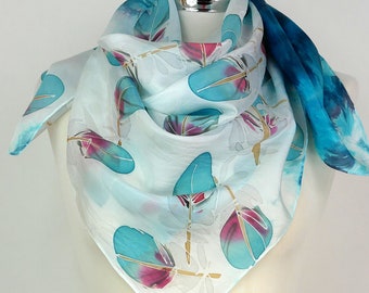 Turquoise silk scarf square Teal feathers Silk scarf women Square silk scarf uk Hand painted silk scarf feathers Birthday silk gift her