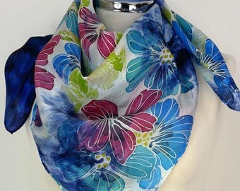 Hand-Painted Silk Scarf: Floral Shibori Design, Navy Blue & Pink