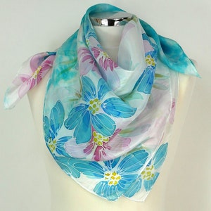 Blue pink silk scarf square Turquoise garden Hand painted silk scarf floral Unique gift ideas Birthday gift for may Blue square silk scarf