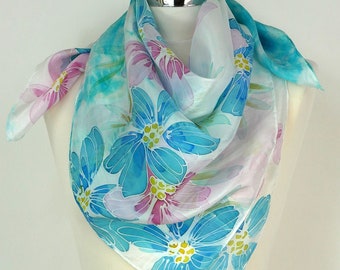 Blue pink silk scarf square Turquoise garden Hand painted silk scarf floral Unique gift ideas Birthday gift for may Blue square silk scarf