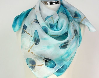 Turquoise silk scarf square Turquoise feathers Hand painted silk scarf feathers Blue navy Birthday gift wife Summer silk scarf Mothersday