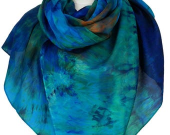 Blue green silk scarf Ocean Escape Large blue shawl Blue silk sarong Summer silk wrap blue orange Evening silk scarf Birthday gift for her