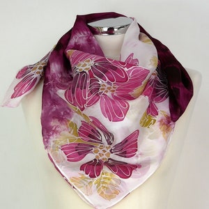 Burgundy silk scarf floral Burgundy flowers Hand painted silk scarf square woman Burgundy pink Birthday gift wife Christmas Silk gift mum