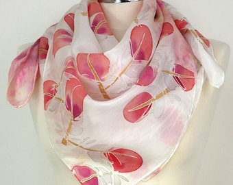 Peach pink silk scarf square Pink Feathers Hand painted silk scarf women Square silk scarf feather Birthday gift mum Christmas gifts wife uk