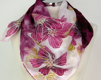 Burgundy silk scarf floral Burgundy flowers Hand painted silk scarf square woman Burgundy pink Birthday gift wife Christmas Silk gift mum
