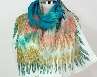 Green blue silk scarf Emerald Parott Hand painted silk scarf Blue green orange Bird wing scarf 40th birthday gift wife Anniversary gift uk