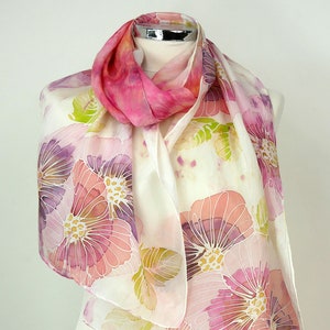 Pink silk scarf uk Pink Flowers Floral silk scarf Oblong silk scarf spring Pink peach green Hand painted silk scarf women 50th birthday gift