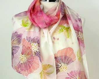 Pink hand painted silk scarf Pink Garden Oblong silk scarf with large pale pink and peach pink flowers Handmade silk anniversary gift