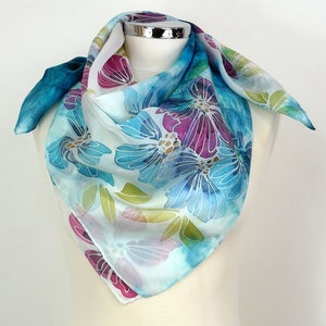 Turquoise silk scarf square Teal Flowers Hand painted silk scarf Floral silk scarf Blue silk scarf women Silk gift her Square Silk scarf uk