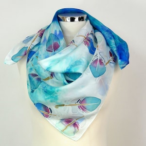 Teal silk scarf square Kingfisher feathers Blue silk scarf women Square silk scarf uk Hand painted silk scarf Birthday gift mum Silk gift uk