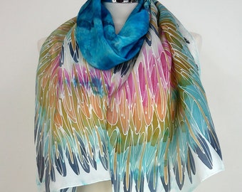 ターコイズシルクスカーフ ターコイズフラワー 手描きシルクスカーフ