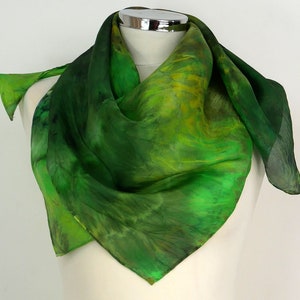 Green silk scarf square Enchanted Forest Square silk scarf uk Orange yellow green scarf Birthday gift her Silk gift wife Silk scarf gift her