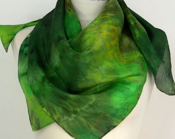 Green silk scarf square Enchanted Forest Square silk scarf uk Orange yellow green scarf Birthday gift her Silk gift wife Silk scarf gift her
