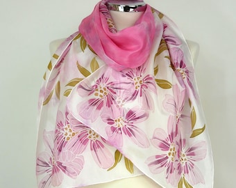 Pink silk scarf uk Pink Flowers Handmade Silk scarf women Hand painted Floral silk scarf pink Anniversary gift wife 60th Birthday woman
