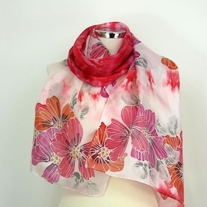Red silk scarf women Red Flowers Hand painted silk Scarf floral uk Handmade silk gifts wife Birthday gift girlfriend Christmas gifts grandma