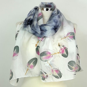 Grey silk scarf Grey feathers Oblong silk scarf Hand painted silk scarf women Grey black pink feathers Birthday girlfriend gift christmas