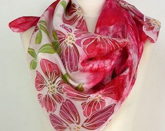Red silk scarf square Red Flowers Hand painted silk scarf women Floral scarf handmade 50th Birthday gift her Anniversary wife Valentine gift