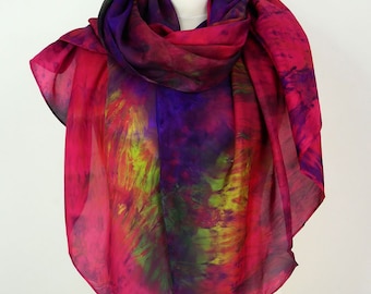 Pink green silk scarf Orchid Garden Oversized silk scarf Pink silk shawl Hand dyed silk scarf Gift for mum Gift for her Summer silk wrap