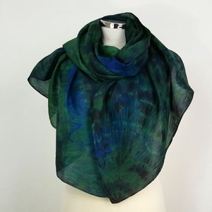 Green blue silk scarf Jungle Large silk scarf women Hand dyed silk scarf Green silk shawl Birthday silk gift Navy green scarf Handmade scarf