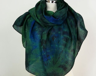 Green blue silk scarf Jungle Large silk scarf women Hand dyed silk scarf Green silk shawl Birthday silk gift Navy green scarf Handmade scarf