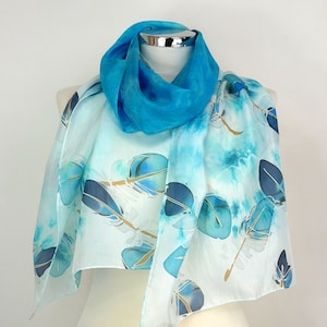 Blue silk scarf uk Kingfisher Feathers Hand painted silk scarf oblong Navy turquoise silk scarf feathers Unique silk gifts wife Birthday mum