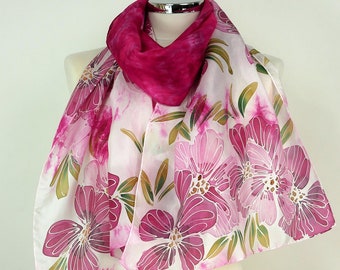 Magenta silk scarf women Magenta Flowers Pink silk scarf hand painted Magenta green 50th Birthday gift mothers day Silk anniversary gift