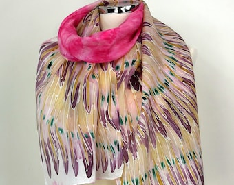 Pink silk scarf  Pink Heron Hand painted silk scarf for women Bird wing Summer silk scarf 50th Birthday gift Silk anniversary