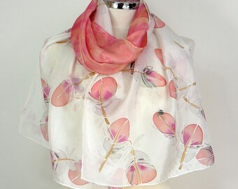 Peach pink silk scarf uk Pink Feathers Hand painted silk scarf women Oblong silk scarf 50th Birthday gift mum Summer silk scarf gifts friend
