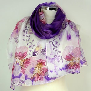 Purple floral silk scarf Purple flowers Hand painted silk scarf uk Violet purple handmade gifts for mum 60th birthday gift wife Anniversary