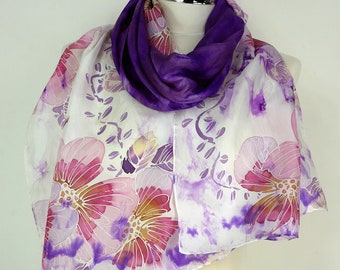 Purple floral silk scarf Purple flowers Hand painted silk scarf uk Violet purple handmade gifts for mum 60th birthday gift wife Anniversary