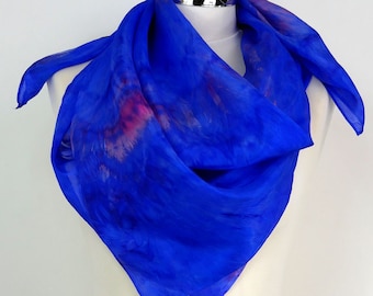 Electric blue silk scarf square Cornflower Bright blue pink silk scarf Handmade silk scarf uk Christmas silk gifts 30th birthday gift wife
