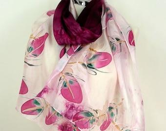 Hand-Painted Burgundy Silk Scarf: Feather Design, Magenta Accents