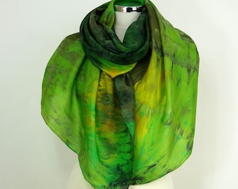 Green silk scarf Enchanted Forest Oversized silk scarf green yellow orange Handmade scarf Gift for her Silk scarf women Gift for girlfriend