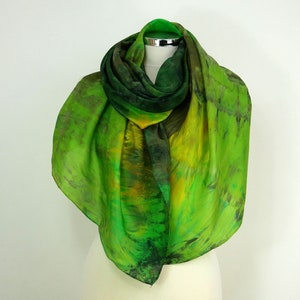 Green silk scarf Enchanted Forest Oversized silk scarf green yellow orange Handmade scarf Gift for her Silk scarf women Gift for girlfriend