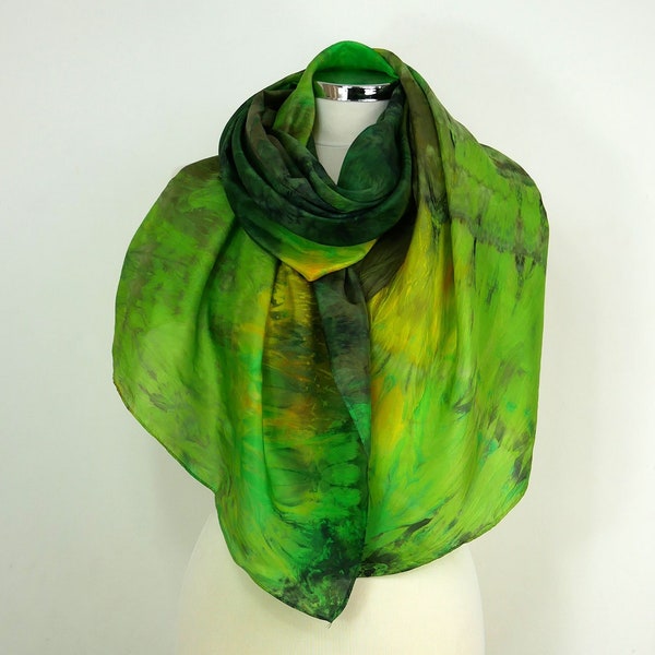 Green silk scarf Enchanted Forest Oversized silk scarf green yellow orange Handmade scarf Gift for her Silk scarf women Gift for girlfriend