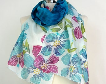 Teal blue silk scarf Teal Flowers Hand painted silk scarf floral Pink turquoise scarf long 60th birthday gift her Teal silk gifts Christmas