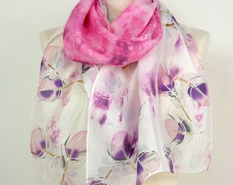 Pink silk scarf women Pink Fearthers Oblong silk scarf hand painted Purple pink scarf handmade 50th birthday gift her Wedding scarf silk her