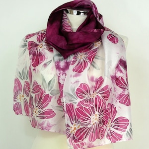 Burgundy silk scarf uk Burgundy flowers Handmade silk scarf floral hand painted Burgundy magenta silk scarf oblong 50th Birthday gift mother