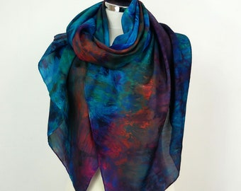 Multicolour silk scarf women Nebula Blue green brown black silk scarf oversized Black silk shawl uk Birthday gift wife Silk scarf gift her