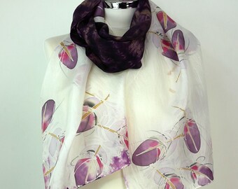 Purple silk scarf women Purple Feathers Hand painted silk scarf Purple scarf handmade Purple gifts anniversary 50th Birthday gift sister