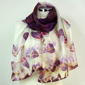 Purple silk scarf handmade Purple feathers Oblong hand painted silk scarf Birthday gift for wife anniversary Unique silk present for women