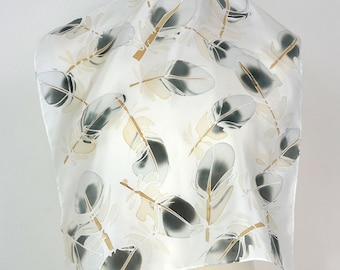 Small Hand Painted Silk Scarf: Grey Feather Neckerchief (43x43cm) Petite silk scarf Silk pocket square
