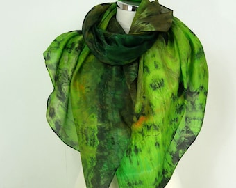 Enchanted Forest green silk scarf uk Oversized silk scarf green yellow orange Green silk shawl Gift for her Silk scarf women Gift for wife