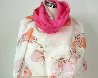 Hand painted silk scarf  Pink feathers Handmade silk scarf for women Pink orange scarf with painted feathers Silk anniversary gift