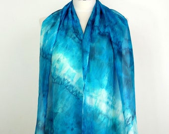 Teal blue silk scarf Sea Waves Blue hand dyed scarf Blue teal shibori scarf Turquoise silk scarf Birthday gift friend Christmas gift wife
