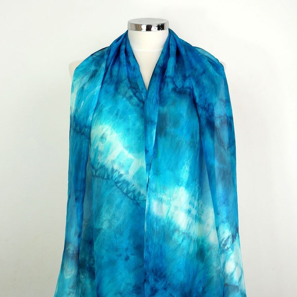 Teal blue silk scarf Sea Waves Blue hand dyed scarf Blue teal shibori scarf Turquoise silk scarf Birthday gift friend Christmas gift wife